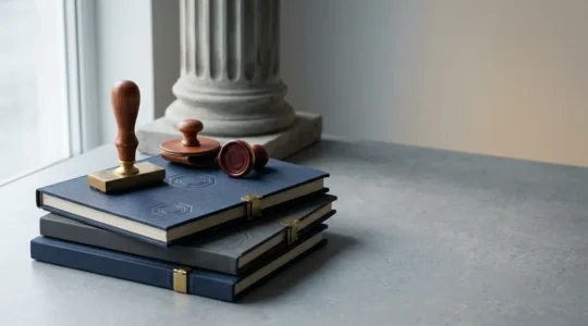 Représentation symbolique des démarches d'immatriculation administrative pour artisans avec documents officiels et tampon institutionnel