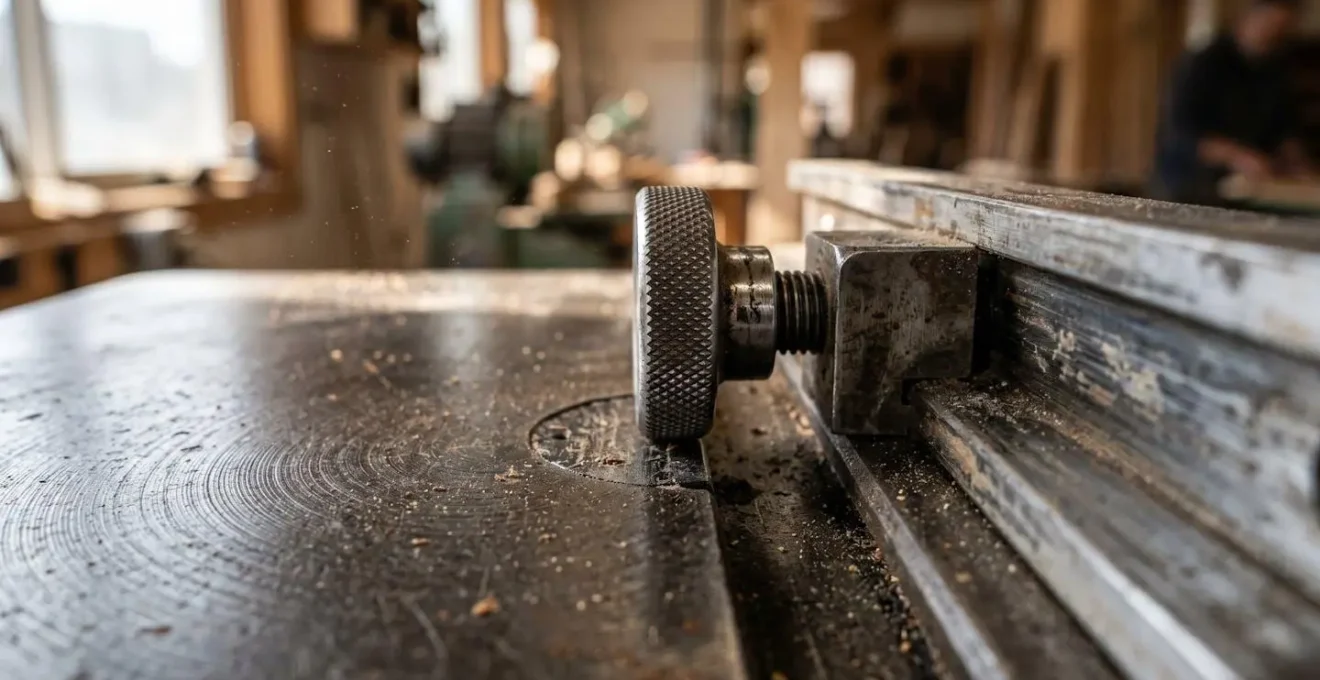Gros plan sur une machine combinée à bois professionnelle en atelier de menuiserie