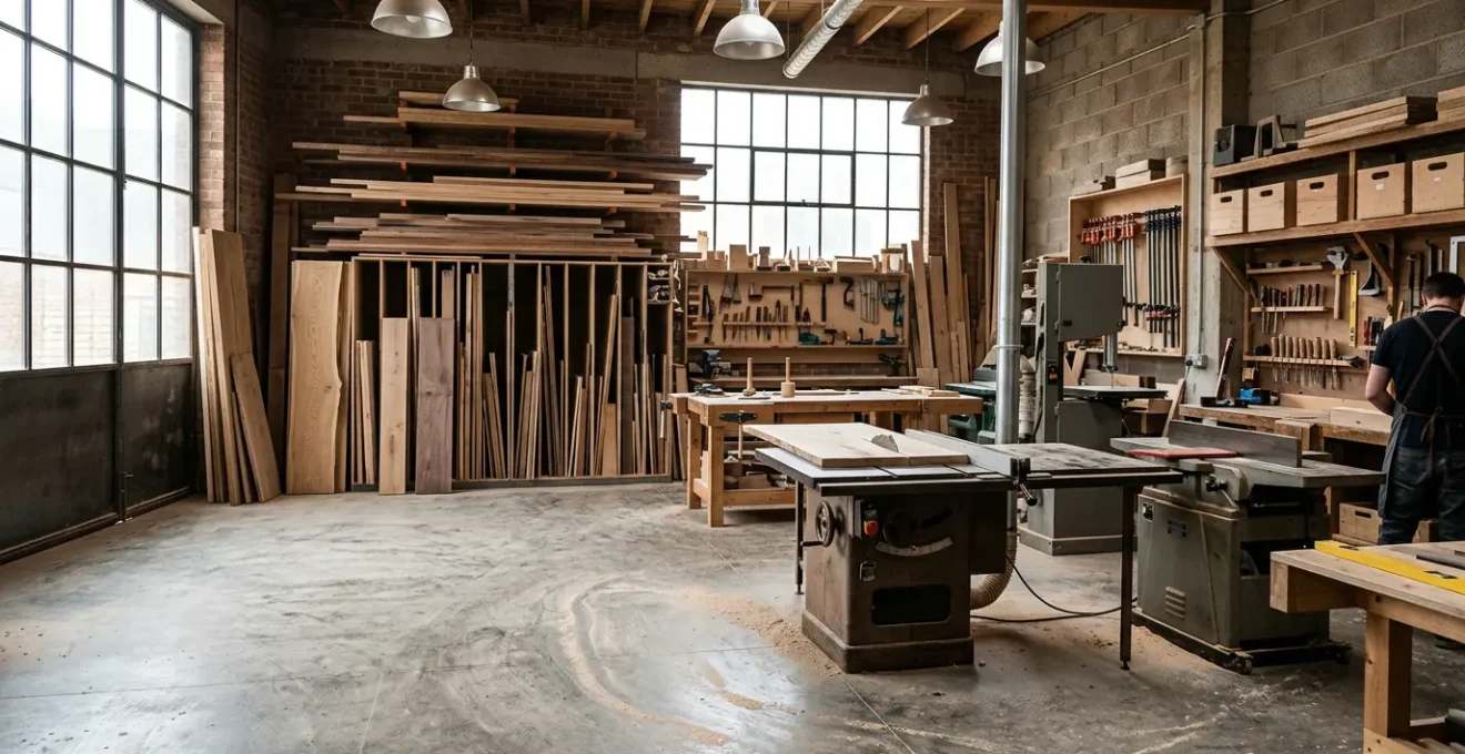 Atelier de menuiserie professionnel avec machines de découpe et planches de bois en cours de fabrication