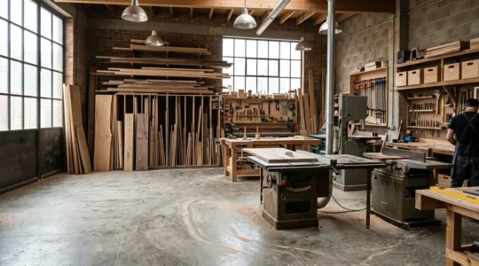 Atelier de menuiserie professionnel avec machines de découpe et planches de bois en cours de fabrication