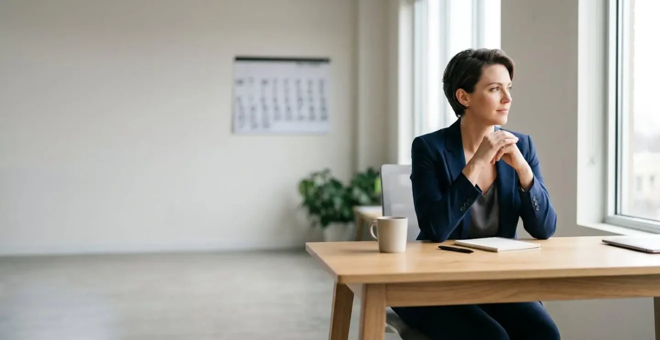 Professionnel concentré dans un environnement de bureau minimaliste avec des éléments suggérant la planification stratégique