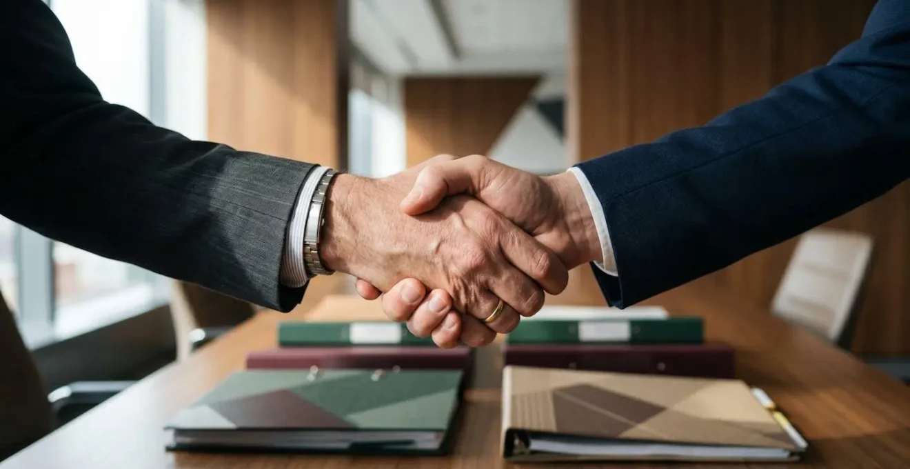 Poignée de main symbolisant un accord de cession d'entreprise avec documents financiers certifiés