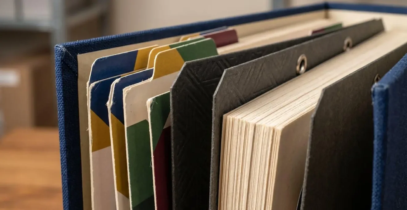 Classeur professionnel ouvert révélant un système de classement par intercalaires trimestres avec documents parfaitement organisés