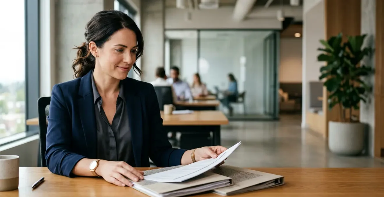 Professionnel de la finance analysant des documents comptables dans un environnement de bureau moderne