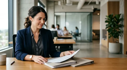 Professionnel de la finance analysant des documents comptables dans un environnement de bureau moderne