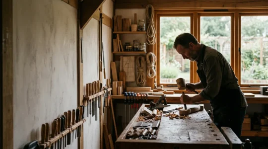 Artisan travaillant dans son atelier avec des outils professionnels, symbolisant la protection du foyer fiscal