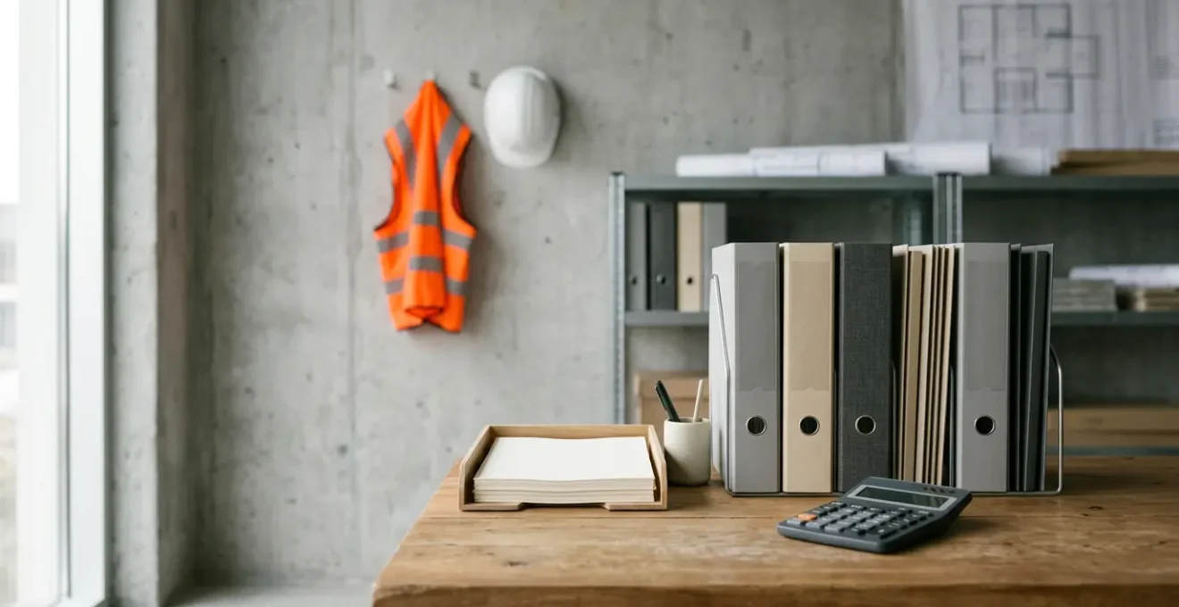 Vue large d'un espace de travail professionnel epure avec classeurs organises et outils de gestion sur fond neutre avec espace negatif