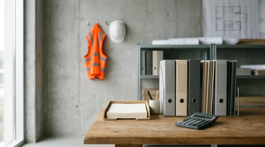 Vue large d'un espace de travail professionnel epure avec classeurs organises et outils de gestion sur fond neutre avec espace negatif