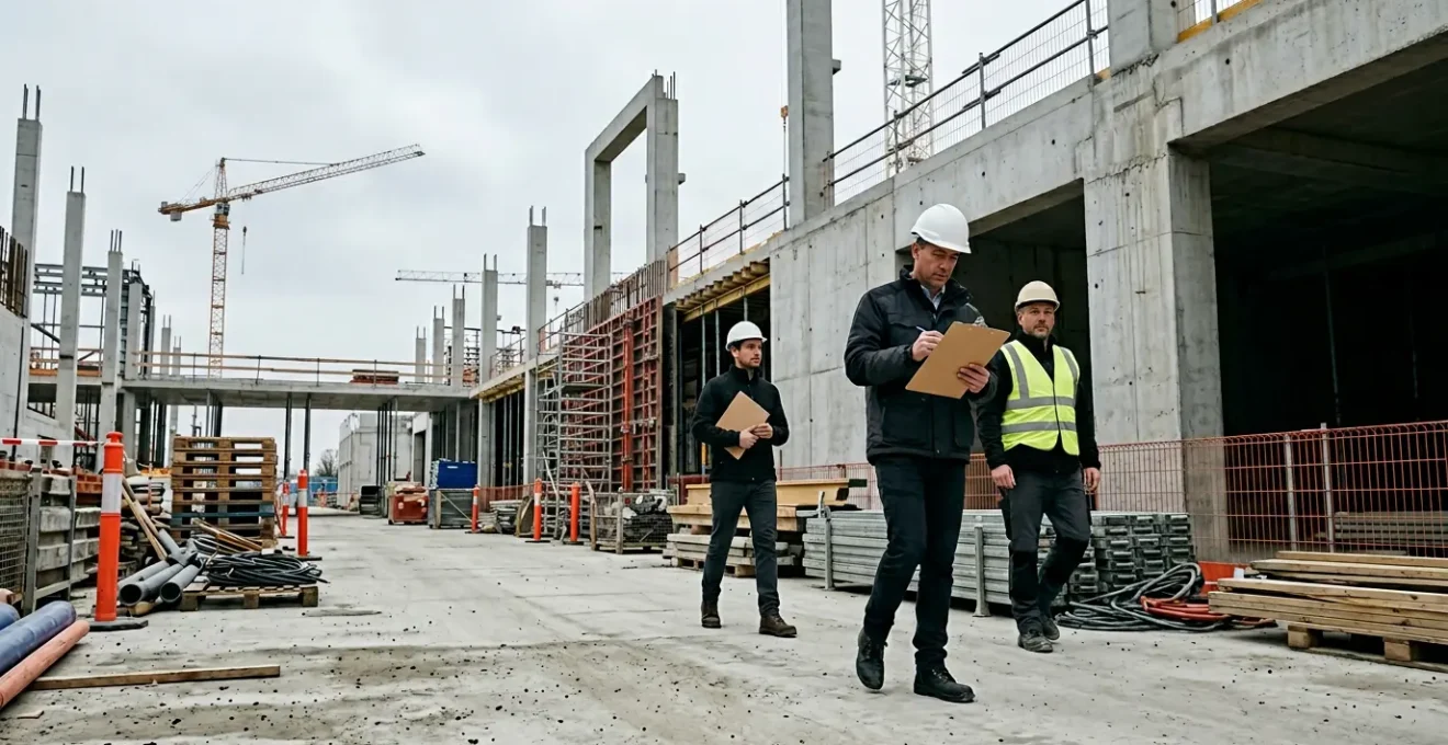 Inspection de chantier avec documents administratifs et outils de construction dans un environnement professionnel du batiment