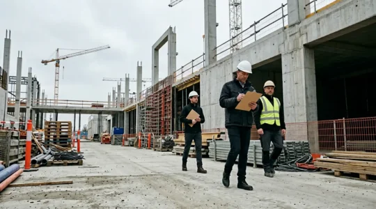 Inspection de chantier avec documents administratifs et outils de construction dans un environnement professionnel du batiment