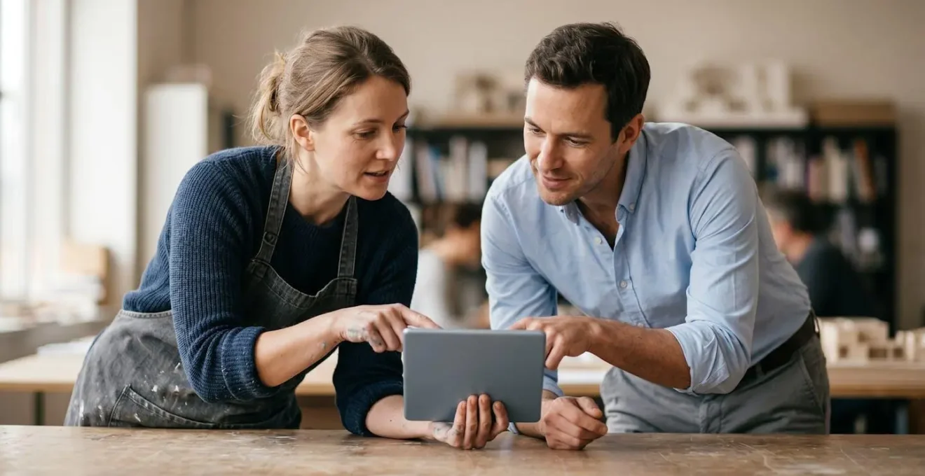 Rencontre professionnelle entre un artisan et son expert-comptable analysant ensemble des indicateurs de performance sur tablette