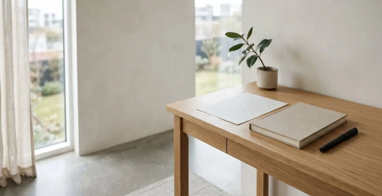 Scène minimaliste représentant l'organisation temporelle et la rigueur dans la tenue du livre de recettes