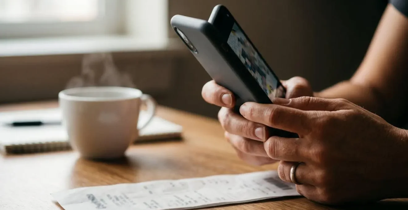 Gros plan sur une main tenant un smartphone pour scanner une facture, avec une tasse de café fumante sur une table en bois