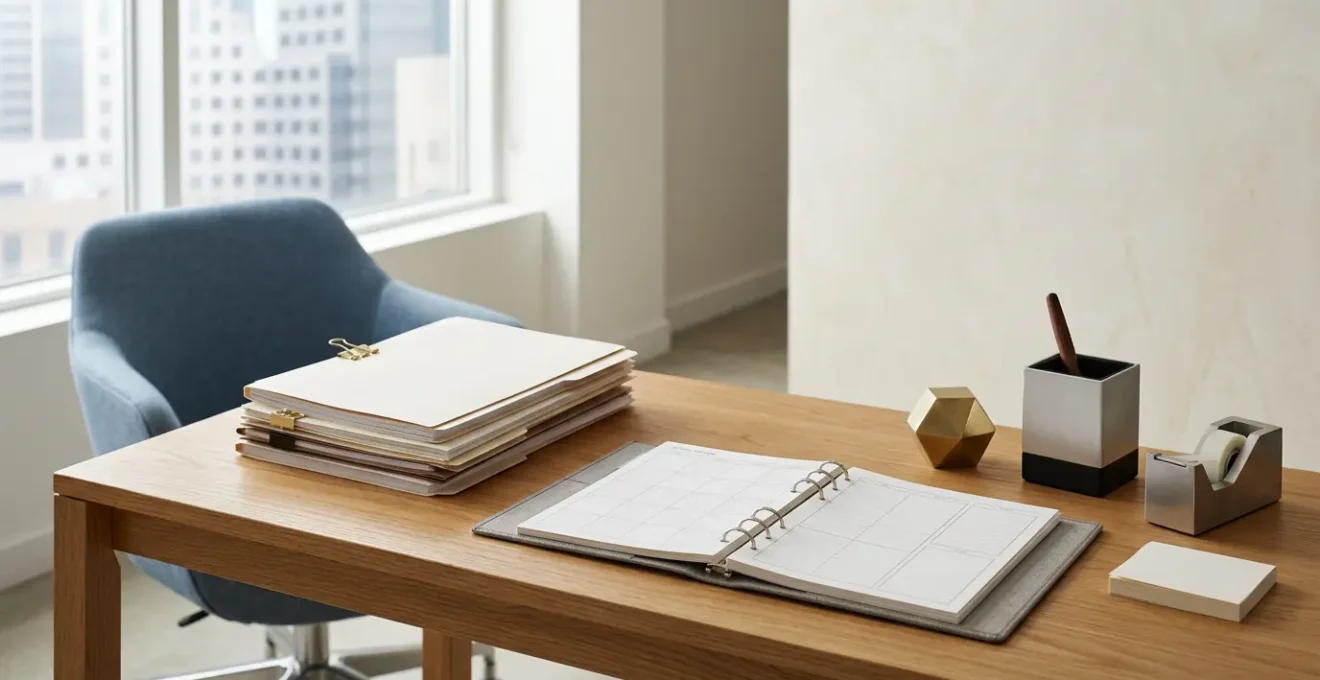 Bureau professionnel avec documents juridiques et calendrier annuel pour la gestion des obligations d'entreprise