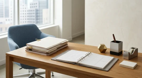 Bureau professionnel avec documents juridiques et calendrier annuel pour la gestion des obligations d'entreprise