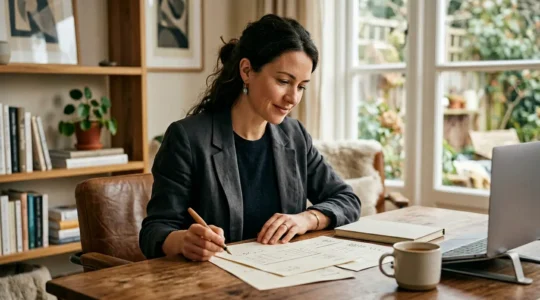 Professionnel indépendant consultant ses documents administratifs dans un environnement de travail apaisant