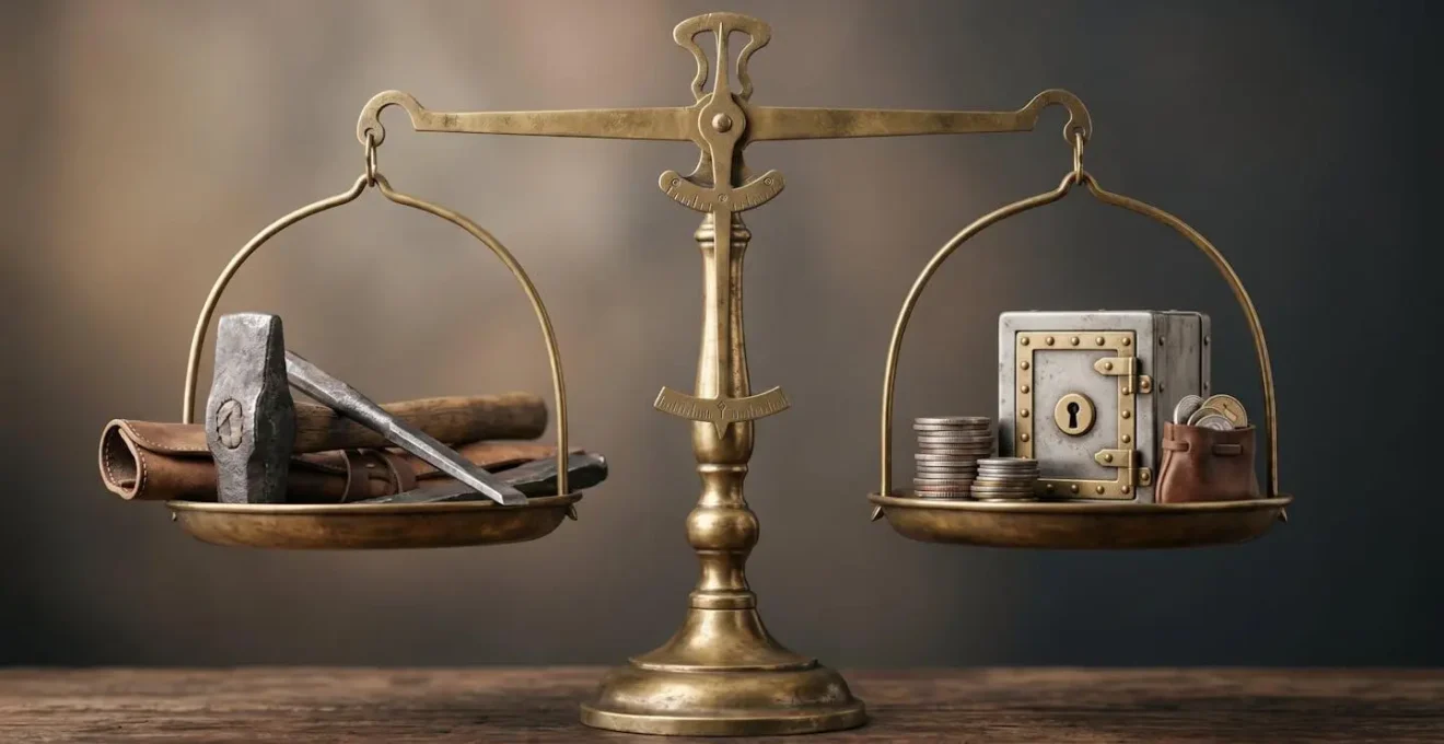 Balance symbolisant l'arbitrage entre épargne retraite et liquidité pour un artisan