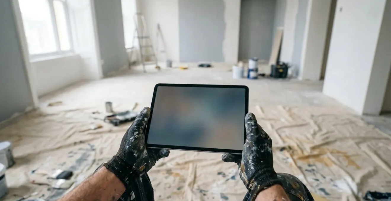 Mains d'artisan tenant une tablette montrant des photos de suivi de chantier dans un espace en renovation