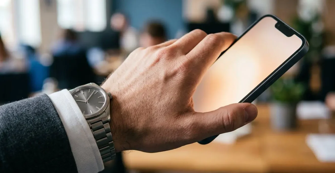Main tenant un smartphone affichant des données financières en temps réel dans un environnement professionnel