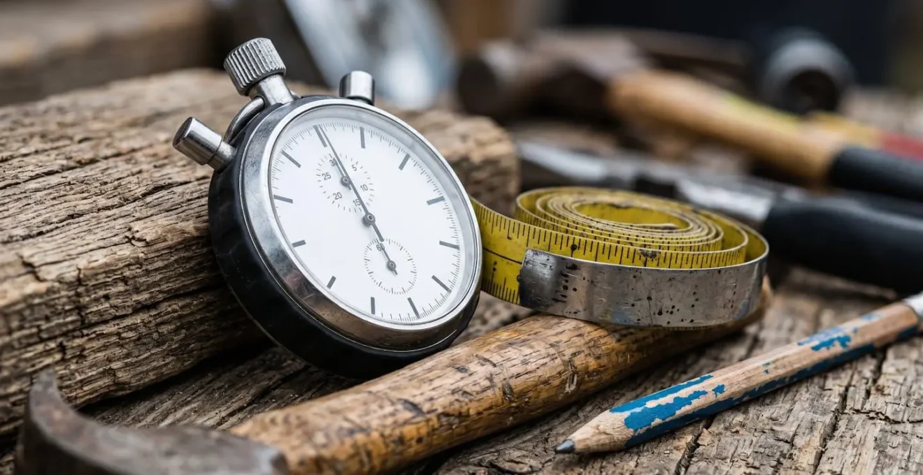 Gros plan sur un chronomètre et des outils de chantier illustrant le suivi du temps de travail