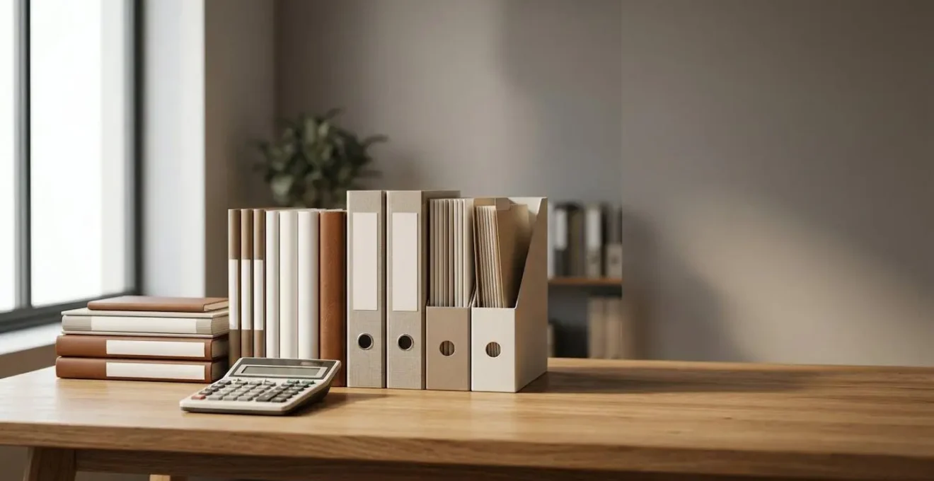 Bureau professionnel organisé avec dossiers de comptabilité soigneusement classés et documents financiers, symbole de rigueur comptable