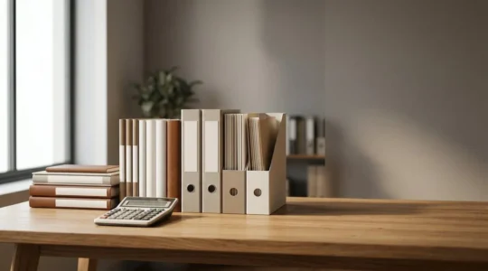 Bureau professionnel organisé avec dossiers de comptabilité soigneusement classés et documents financiers, symbole de rigueur comptable