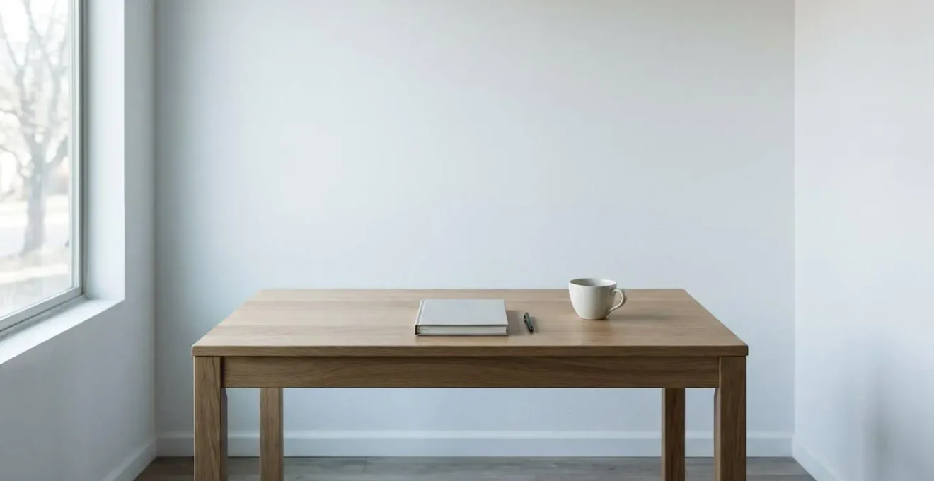 Espace de travail minimaliste avec documents administratifs et espace vide évoquant une période de transition