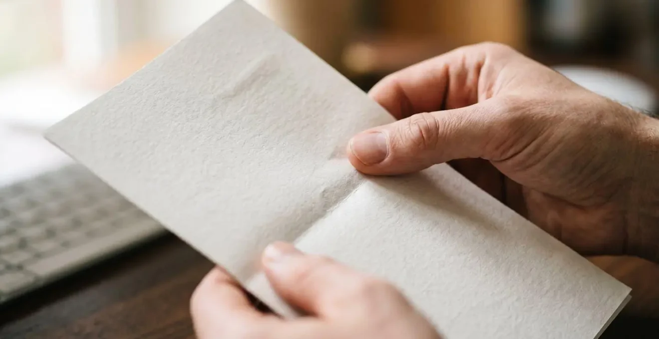 Gros plan sur des mains professionnelles manipulant des documents officiels d'assurance avec un ordinateur en arrière-plan flou