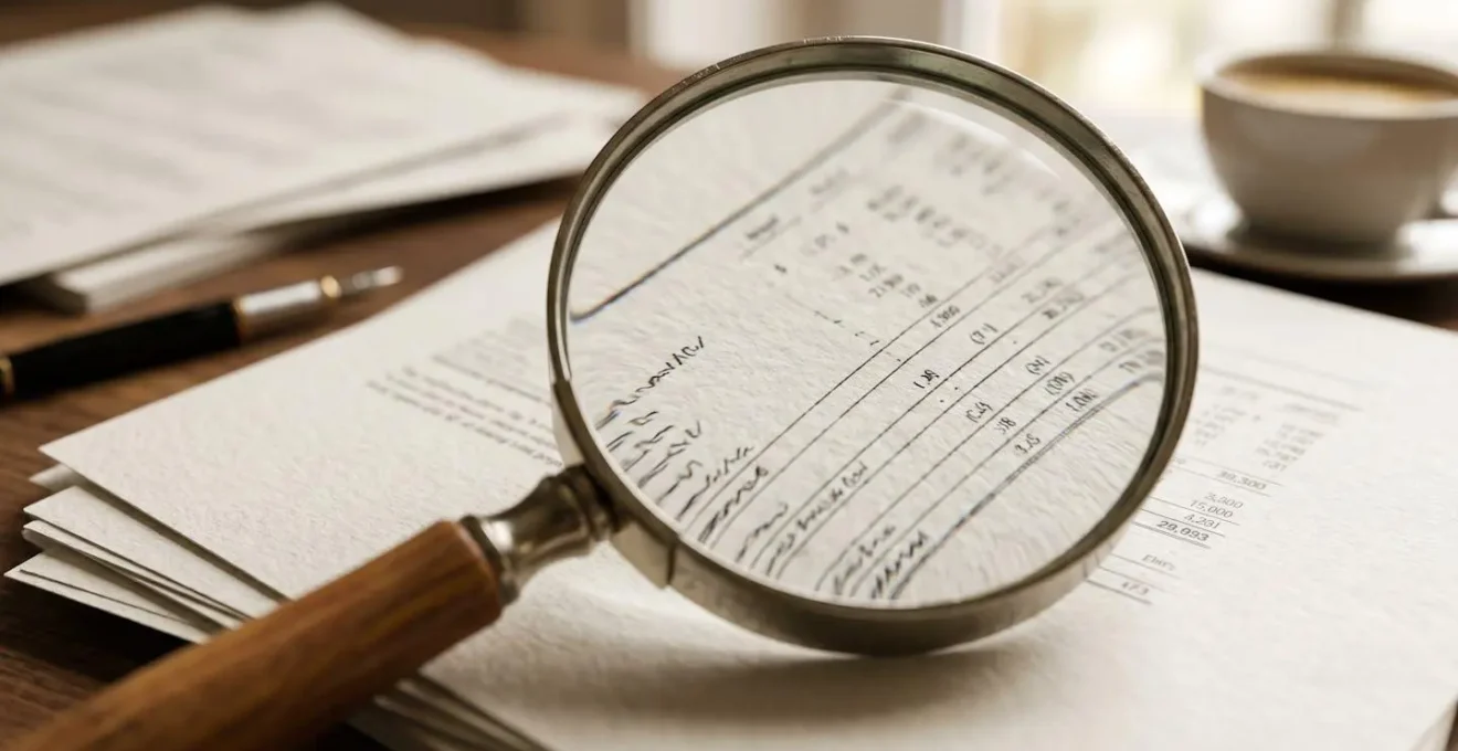 Gros plan sur des documents fiscaux avec une loupe symbolisant la vérification minutieuse