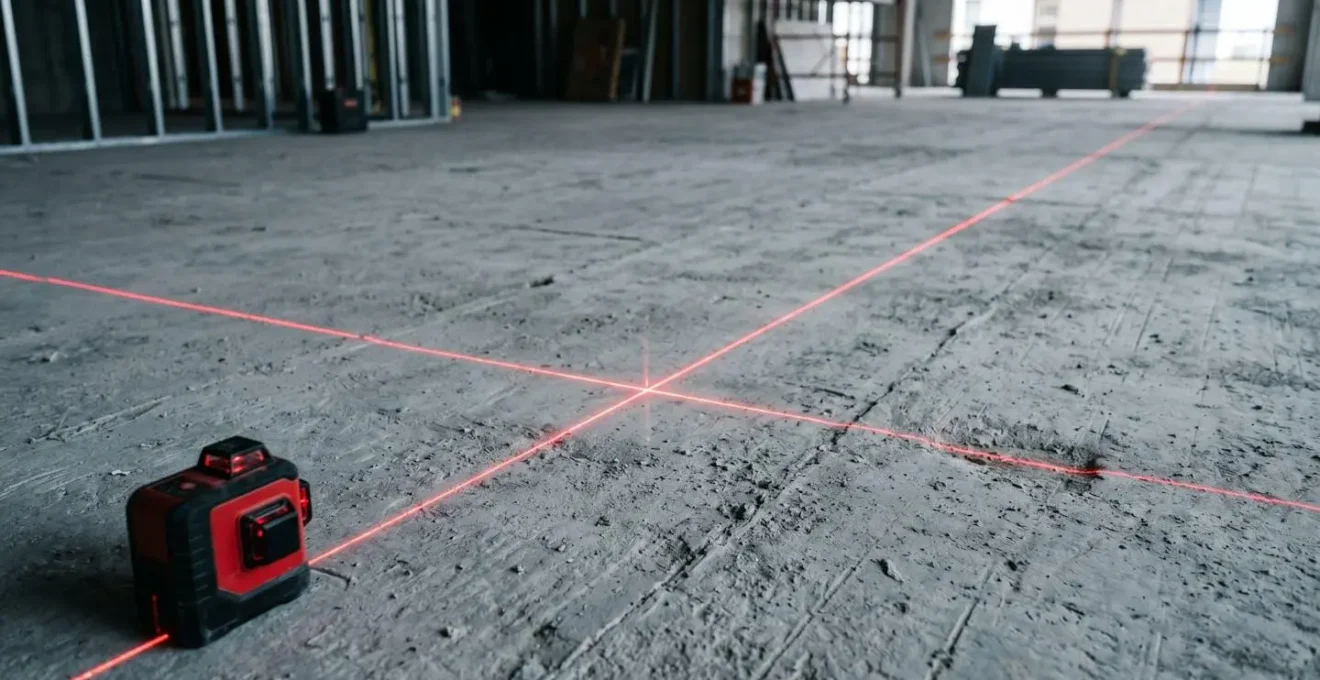 Niveau laser projetant des lignes rouges sur un sol en béton pour vérifier la planéité avant ragréage