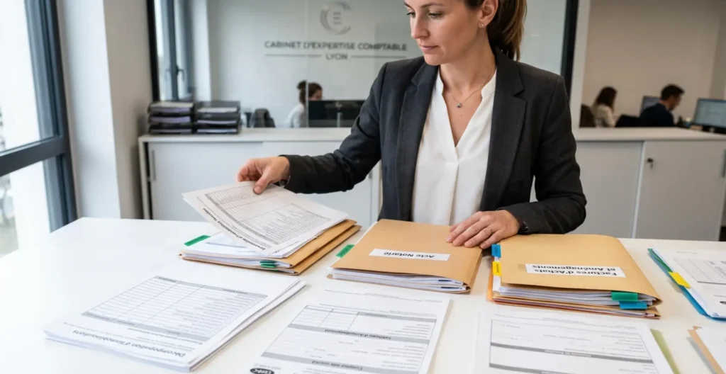 Organisation de documents essentiels LMNP par expert-comptable incluant acte notarié, factures et inventaires pour dossier fiscal