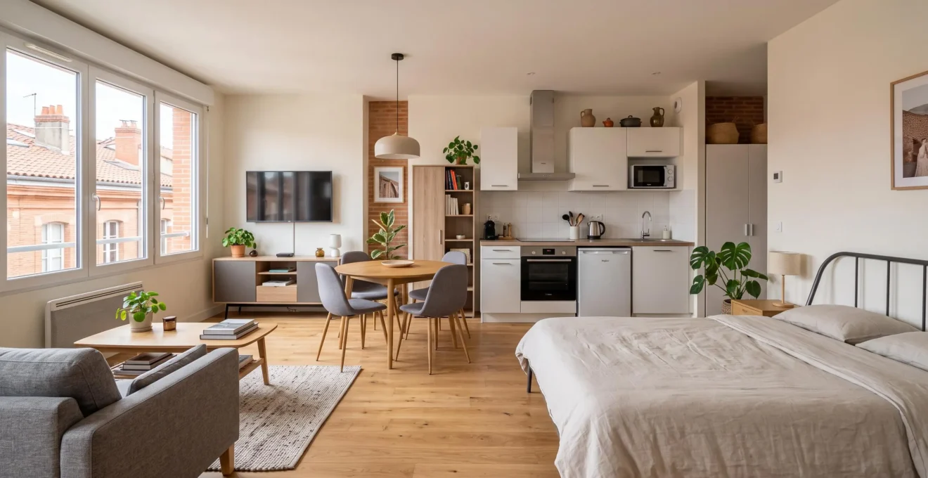Studio meublé toulousain avec mobilier contemporain et équipements, lumineux et aménagé pour location LMNP