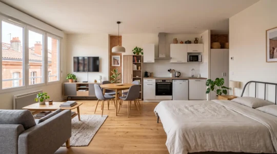 Studio meublé toulousain avec mobilier contemporain et équipements, lumineux et aménagé pour location LMNP